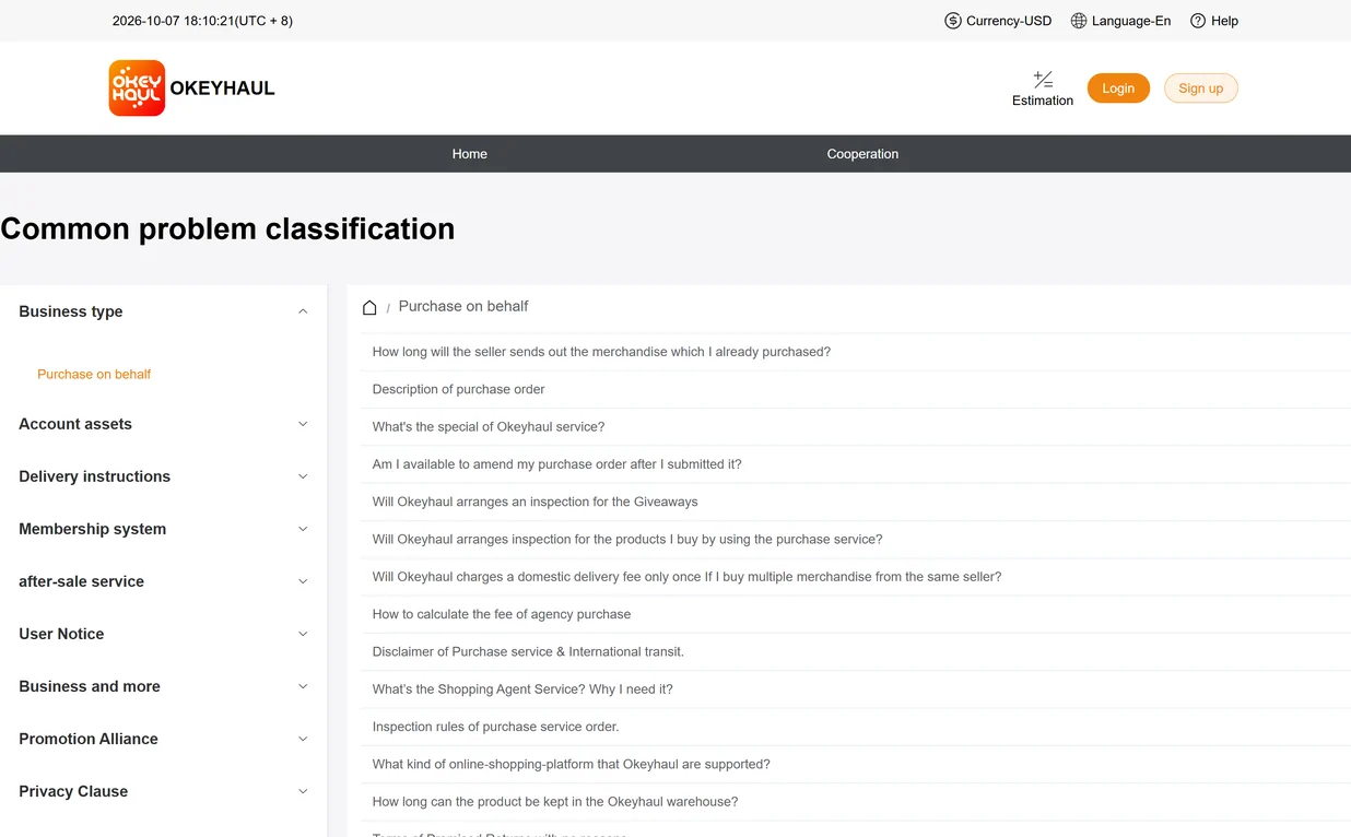 The official help centre index, with a sidebar of problem categories on the left and the question titles filed under purchase on behalf on the right