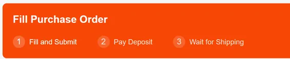 The header of the official purchase order form, reading fill purchase order above three numbered steps: fill and submit, pay deposit, wait for shipping