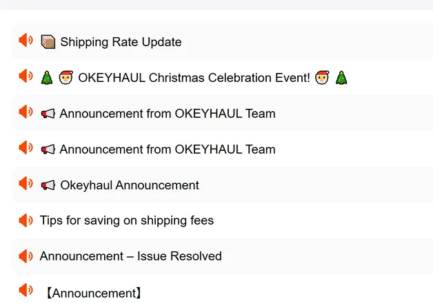 Titles of consecutive entries in the official notice centre, including a shipping rate update, announcements from the Okeyhaul team, and tips for saving on shipping fees