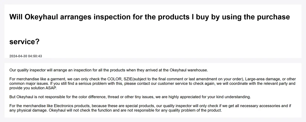 Official help article asking whether Okeyhaul arranges inspection for products bought with the purchase service, dated 2024-04-30, saying a garment is checked for colour, size and large-area damage, that colour difference and threads are not covered, and that electronics are checked only for accessories and physical damage