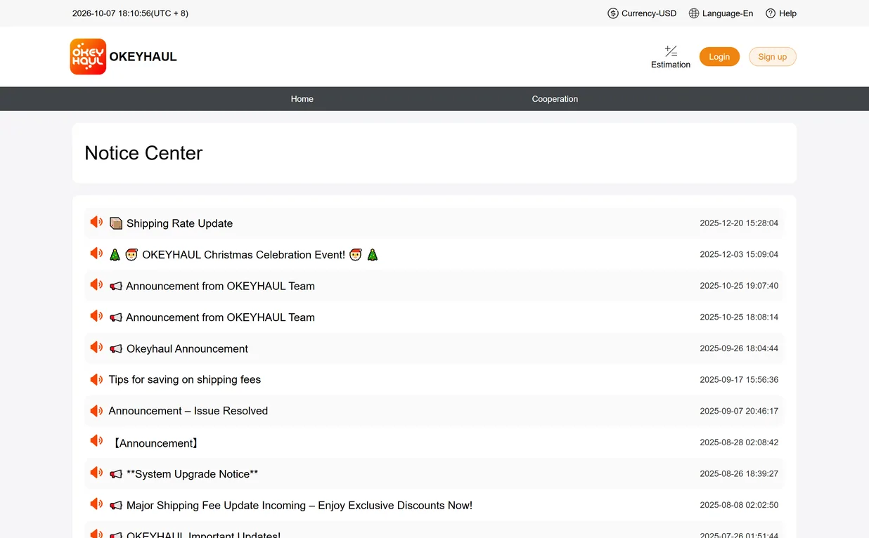 The official notice centre, a dated list of announcements with the most recent at the top