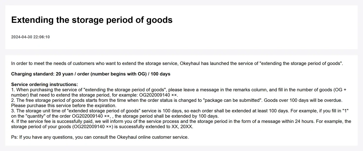 Official help article giving a storage period, another of the official statements about how long goods may stay in the warehouse