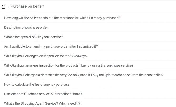 A column of question titles from the official help centre index, including how to calculate the fee of agency purchase, inspection rules of purchase service order, and what kind of online-shopping-platform that Okeyhaul are supported