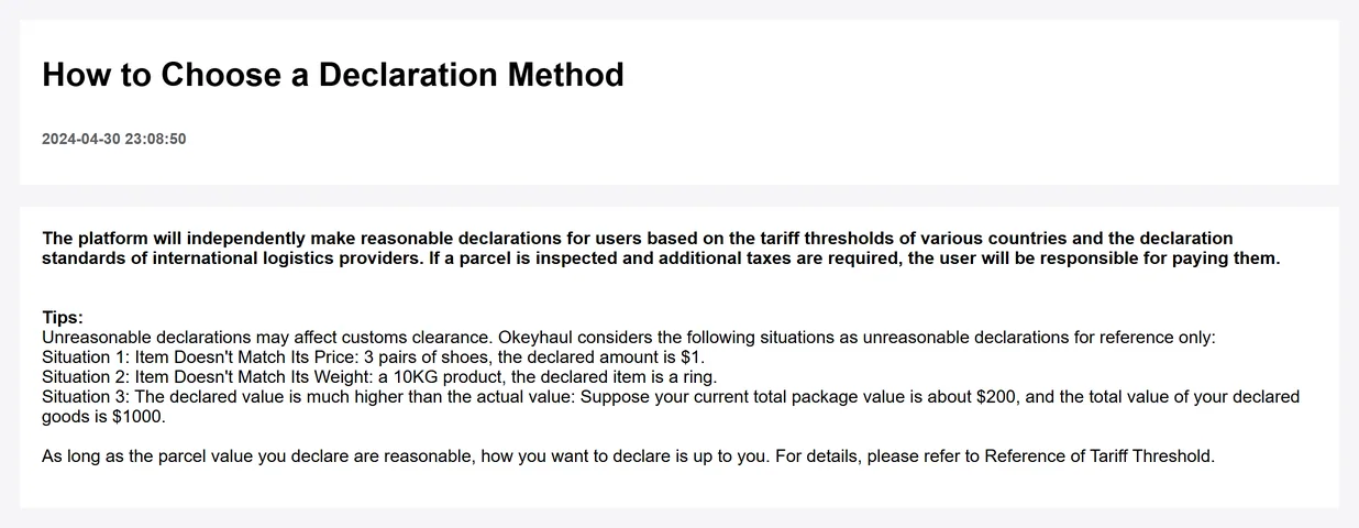 Official help article headed how to choose a declaration method, dated 2024-04-30, saying the platform declares on your behalf against each country threshold, that any extra tax after inspection is yours to pay, and giving three examples it calls unreasonable: three pairs of shoes declared at one dollar, a ten kilogram parcel declared as a ring, and two hundred dollars of goods declared at a thousand