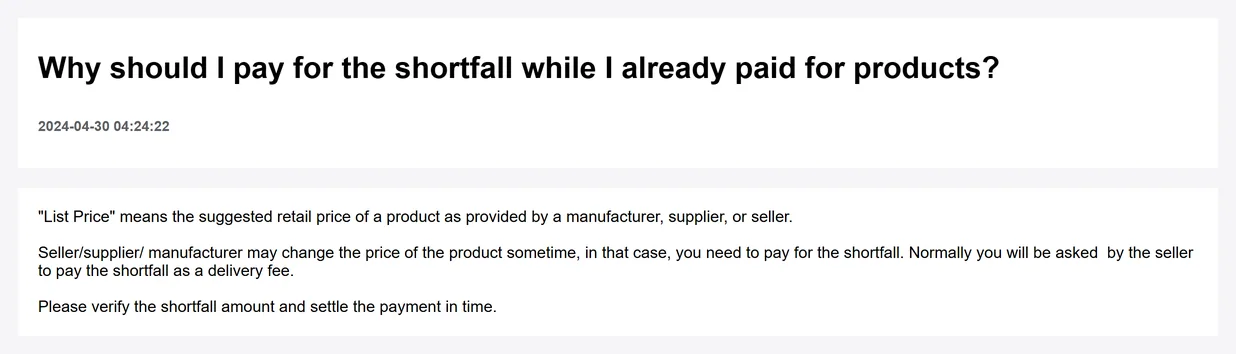 Official help article about paying a shortfall when what was already paid does not cover the real cost