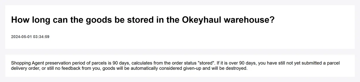 A complete official help article with its title, timestamp and body, stating that the preservation period of parcels is ninety days counted from the order status stored, after which goods are treated as given up and destroyed
