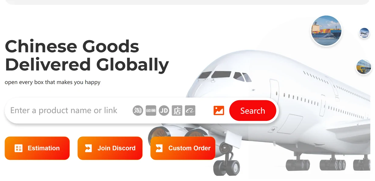The top of the official Okeyhaul home page, with the headline Chinese goods delivered globally, a search box that takes a product name or a link, marketplace badges and three buttons underneath