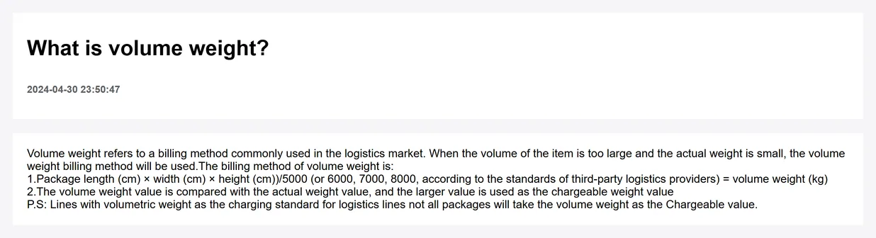 Official help article headed what is volume weight, dated 2024-04-30, giving the formula as length times width times height in centimetres divided by five thousand, noting the divisor can be six, seven or eight thousand depending on the carrier, and that the larger of volumetric and actual weight is the one charged