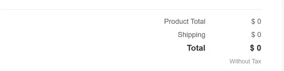 The totals block of the official purchase order form, listing product total, shipping and a grand total, each showing zero dollars, with the words without tax underneath