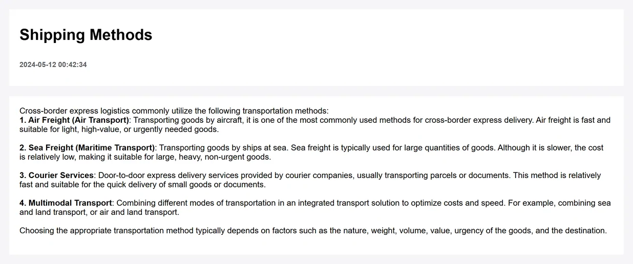 Official help article headed shipping methods, dated 2024-05-12, listing four of them: air freight, sea freight, courier services and multimodal transport, each with what it suits and what it costs in time