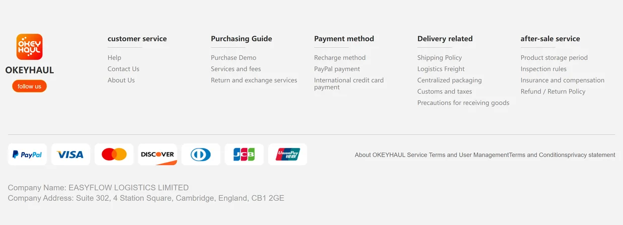 The footer of the official site, with five columns of support links, seven payment marks from PayPal to UnionPay, and the registered company name EASYFLOW LOGISTICS LIMITED at Suite 302, 4 Station Square, Cambridge, England, CB1 2GE
