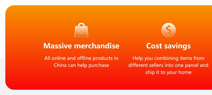 Two of the four promise tiles on the official home page, headed massive merchandise and cost savings, the second saying it helps combine items from different sellers into one parcel
