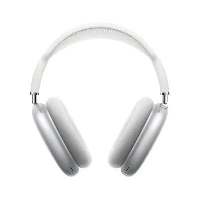 Silver over ear headphones with white ear cushions, shown alone on a white background