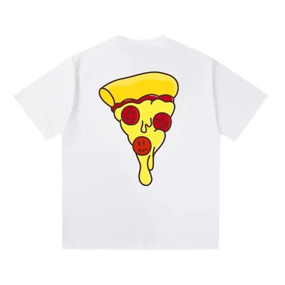 A white short sleeved t-shirt printed with a cartoon pizza slice