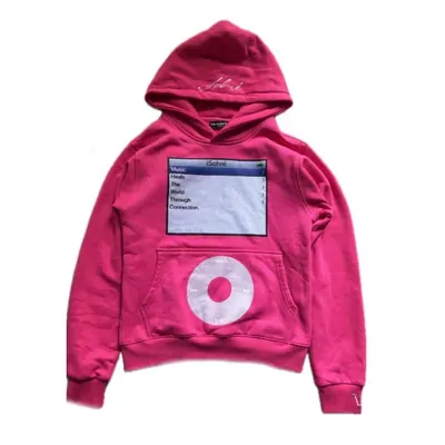 A bright pink hooded sweatshirt with a printed label graphic on the chest