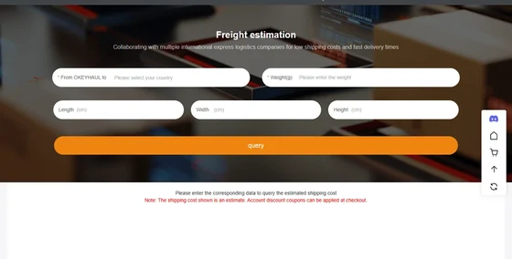 The Okeyhaul freight estimation page with fields for destination country, weight in grams and length, width and height in centimetres