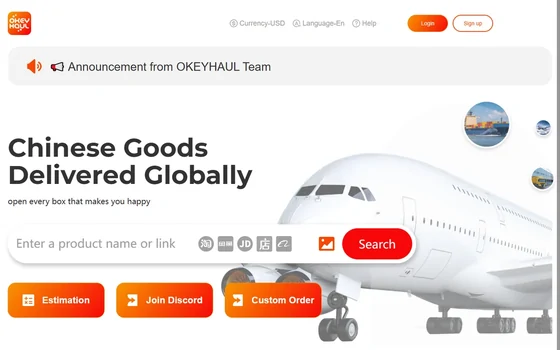 The Okeyhaul home page: a search bar for a product name or link, buttons for estimation, Discord and custom order, and a large aircraft render