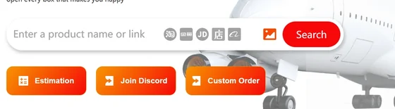 Close up of the Okeyhaul search bar, which accepts a product name or a link, with marketplace icons inside it and buttons for estimation, Discord and custom order